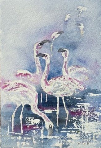 Aquarellbild zweier Flamingos vor weissem Hintergrund